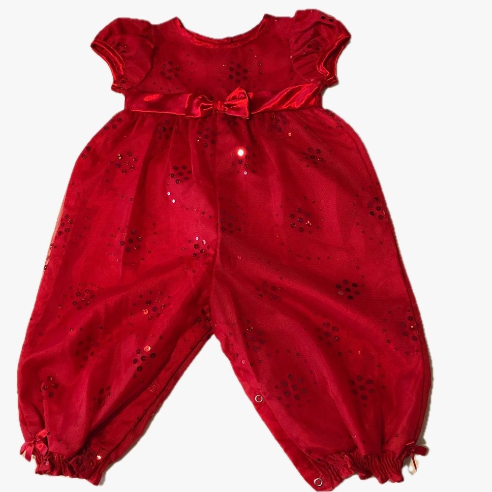Rare Editions Baby Girl Red Satin Mesh Sequins Romper Pantaloons 24M